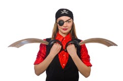 Muchacha bonita del pirata que sostiene la espada aislada en blanco fotografía de archivo Muchacha bonita del pirata que sostiene la espada aislada en blanco fotografía de archivo