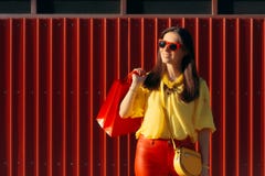 Muchacha de compras de la moda del verano que lleva el equipo de moda Imágenes de archivo libres de regalías Muchacha de compras de la moda del verano que lleva el equipo de moda Imágenes de archivo libres de regalías