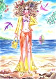 Muchacha de hadas del verano que come el helado en la orilla del mar ilustración del vector Muchacha de hadas del verano que come el helado en la orilla del mar ilustración del vector