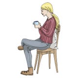Muchacha del ejemplo del vector con el café que se sienta en una silla ilustración del vector Muchacha del ejemplo del vector con el café que se sienta en una silla ilustración del vector