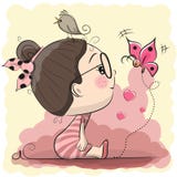 Muchacha linda de la historieta con el pájaro y la mariposa ilustración del vector Muchacha linda de la historieta con el pájaro y la mariposa ilustración del vector