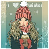 Muchacha linda del invierno con café stock de ilustración Muchacha linda del invierno con café stock de ilustración