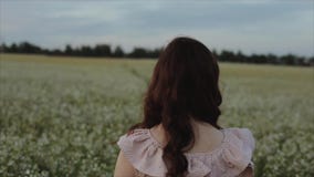 Muchacha morena joven hermosa en falda negra que camina en el campo Visi?n desde la parte posterior Vuelca su hombro y miradas almacen de metraje de vídeo Muchacha morena joven hermosa en falda negra que camina en el campo Visi?n desde la parte posterior Vuelca su hombro y miradas almacen de metraje de vídeo