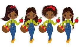 Muchachas afroamericanas lindas del vector pequeñas con las cestas de manzanas stock de ilustración Muchachas afroamericanas lindas del vector pequeñas con las cestas de manzanas stock de ilustración