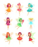 Muchachas de la hada de la historieta Hadas lindas que bailan en vestidos coloridos Pequeños caracteres de las criaturas del vuel ilustración del vector Muchachas de la hada de la historieta Hadas lindas que bailan en vestidos coloridos Pequeños caracteres de las criaturas del vuel ilustración del vector