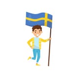 Muchacho que sostiene la bandera nacional de Suecia, elemento del diseño para el Día de la Independencia, ejemplo del vector del stock de ilustración Muchacho que sostiene la bandera nacional de Suecia, elemento del diseño para el Día de la Independencia, ejemplo del vector del stock de ilustración