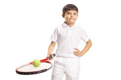 Muchacho que sostiene una pelota de tenis en una estafa fotos de archivo Muchacho que sostiene una pelota de tenis en una estafa fotos de archivo