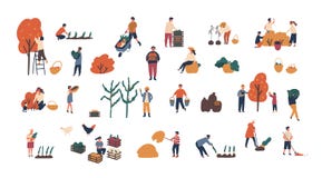 Muchedumbre de gente minúscula que recolecta cosechas o paquete estacional de la cosecha de hombres y de mujeres que recogen las stock de ilustración Muchedumbre de gente minúscula que recolecta cosechas o paquete estacional de la cosecha de hombres y de mujeres que recogen las stock de ilustración
