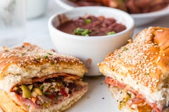 Muffalatta Sandwich With Cup Of Red Beans Royalty Free Stock Image