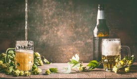 Mug of beer with foam and cold bottle of beer with dew drops and hops vines on a rustic table opposite a dark wall background royalty free stock photos Mug of beer with foam and cold bottle of beer with dew drops and hops vines on a rustic table opposite a dark wall background royalty free stock photos