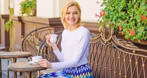 Mug of good coffee in morning gives me energy charge. Daily pleasant rituals make life better. Woman have drink cafe royalty free stock image Mug of good coffee in morning gives me energy charge. Daily pleasant rituals make life better. Woman have drink cafe royalty free stock image