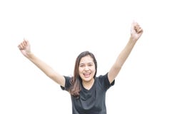 Mujer asiática del primer con el movimiento feliz de la postura aislada en el fondo blanco fotos de archivo Mujer asiática del primer con el movimiento feliz de la postura aislada en el fondo blanco fotos de archivo