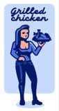 Mujer con un pollo frito stock de ilustración Mujer con un pollo frito stock de ilustración