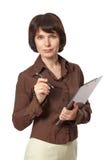 Mujer de negocios hermosa con la pluma y el tablero fotos de archivo libres de regalías Mujer de negocios hermosa con la pluma y el tablero fotos de archivo libres de regalías