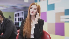 Mujer de negocios que habla en el teléfono en la oficina almacen de video Mujer de negocios que habla en el teléfono en la oficina almacen de video