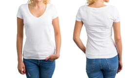 Mujer En La Camiseta, El Frente Y La Parte Posterior Con Cuello De Pico Blancos Foto de archivo - Imagen de posterior, camiseta: 92895820