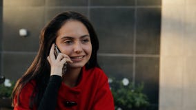Mujer feliz joven que habla en un teléfono móvil que se sienta en una tabla en un café metrajes Mujer feliz joven que habla en un teléfono móvil que se sienta en una tabla en un café metrajes