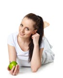 Mujer hermosa joven con una manzana imágenes de archivo libres de regalías Mujer hermosa joven con una manzana imágenes de archivo libres de regalías