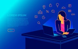 Mujer isométrica que se sienta en la oficina en el escritorio del trabajo y que trabaja con el ordenador portátil Ejemplo moderno ilustración del vector Mujer isométrica que se sienta en la oficina en el escritorio del trabajo y que trabaja con el ordenador portátil Ejemplo moderno ilustración del vector
