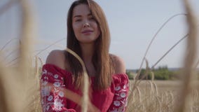 Mujer joven encantadora blanda del retrato que disfruta de la naturaleza y de la luz del sol en campo de trigo en los rayos color almacen de metraje de vídeo Mujer joven encantadora blanda del retrato que disfruta de la naturaleza y de la luz del sol en campo de trigo en los rayos color almacen de metraje de vídeo