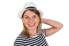 Mujer joven feliz con la camisa rayada y el sombrero Foto de archivo libre de regalías