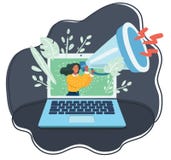 Mujer minúscula con el megáfono en la pantalla de monitor de computadora libre illustration Mujer minúscula con el megáfono en la pantalla de monitor de computadora libre illustration
