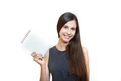 Mujer que sostiene el lápiz con el cuaderno y que parece para arriba aislada en a imagenes de archivo Mujer que sostiene el lápiz con el cuaderno y que parece para arriba aislada en a imagenes de archivo