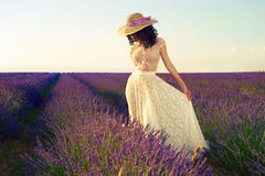 Mujer romántica en campos de hadas de la lavanda fotografía de archivo libre de regalías Mujer romántica en campos de hadas de la lavanda fotografía de archivo libre de regalías