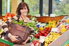 Mujer sonriente con el bolso lleno de verduras Imagen de archivo libre de regalías Mujer sonriente con el bolso lleno de verduras Imagen de archivo libre de regalías