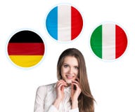 Mujer y burbujas con las banderas de países Imágenes de archivo libres de regalías