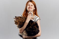 A mulher bonita nova em um fundo claro guarda um gato, uma alergia aos animais de estimação fotografia de stock A mulher bonita nova em um fundo claro guarda um gato, uma alergia aos animais de estimação fotografia de stock