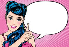 A mulher com apontar do dedo diz a bolha cômica ilustração royalty free A mulher com apontar do dedo diz a bolha cômica ilustração royalty free