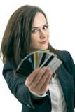 Mulher com muitos cartões de crédito diferentes foto de stock Mulher com muitos cartões de crédito diferentes foto de stock