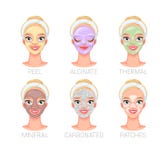 Mulher com tipos faciais da máscara do skincare diferente Desenhos animados ilustração stock Mulher com tipos faciais da máscara do skincare diferente Desenhos animados ilustração stock