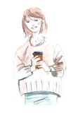 Mulher da ilustração da aquarela com o café a ir objeto isolado colorido no fundo branco para a propaganda ilustração stock Mulher da ilustração da aquarela com o café a ir objeto isolado colorido no fundo branco para a propaganda ilustração stock