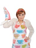 Mulher de cozimento bonita na luva do avental e da cozinha fotos de stock Mulher de cozimento bonita na luva do avental e da cozinha fotos de stock