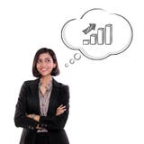 Mulher de negócios nova segura feliz que pensa sobre a melhoria, isolada no branco imagens de stock royalty free Mulher de negócios nova segura feliz que pensa sobre a melhoria, isolada no branco imagens de stock royalty free