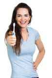 Mulher de sorriso que guardara a escova de dentes imagem de stock Mulher de sorriso que guardara a escova de dentes imagem de stock