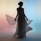 Mulher elegante da silhueta no vestido de sopro foto de stock Mulher elegante da silhueta no vestido de sopro foto de stock