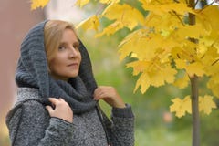 Mulher em um revestimento cinzento com uma capa foto de stock Mulher em um revestimento cinzento com uma capa foto de stock