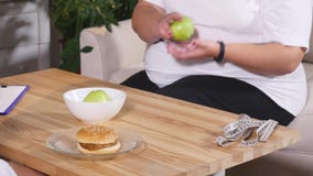Mulher gorda que escolhe entre a maçã e o hamburguer Dieta e saudável vídeos de arquivo Mulher gorda que escolhe entre a maçã e o hamburguer Dieta e saudável vídeos de arquivo