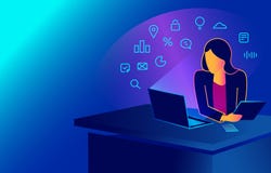 Mulher isométrica que trabalha com o portátil em sua mesa do trabalho, olhando o monitor e o smartphone ilustração royalty free Mulher isométrica que trabalha com o portátil em sua mesa do trabalho, olhando o monitor e o smartphone ilustração royalty free