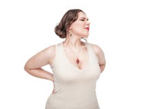 Mulher positiva do tamanho com dor nela para trás imagens de stock Mulher positiva do tamanho com dor nela para trás imagens de stock
