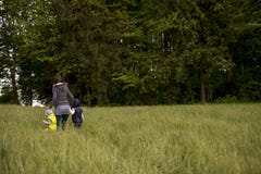 Mulher que anda suas duas crianças através de um campo imagens de stock royalty free Mulher que anda suas duas crianças através de um campo imagens de stock royalty free