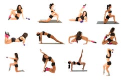 Mulher que exercita a colagem - ioga, aptidão, pilates imagens de stock Mulher que exercita a colagem - ioga, aptidão, pilates imagens de stock