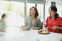 Mulheres que apreciam um jantar da família em casa imagens de stock Mulheres que apreciam um jantar da família em casa imagens de stock