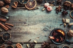 Mulled wine in rustic mug with spices and ingredients on table. royalty free stock image Mulled wine in rustic mug with spices and ingredients on table. royalty free stock image