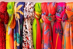 Multi colored scarves hanging royalty free stock photography Multi colored scarves hanging royalty free stock photography