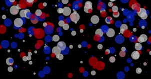 Multicolored animated circles. USA flag colors: red, blue, white. Transparent circles on a black background. Horizontal