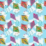 Multicolored vibrant kites watercolor seamless pattern with blue sky and white clouds